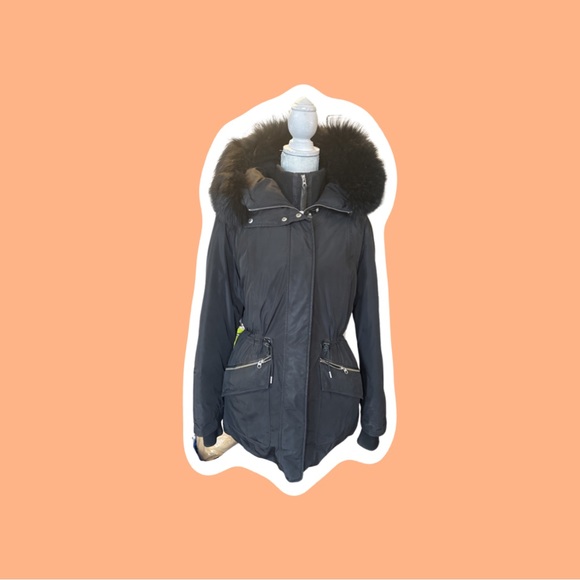 $1000 Mackage Katryn black down jacket with fur hood and leather trim size large - Picture 2 of 11